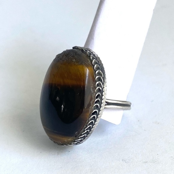 Vintage Tigers Eye Sterling Silver Ring Cocktail Oval Cabachon Stone Size 6 - Picture 4 of 13